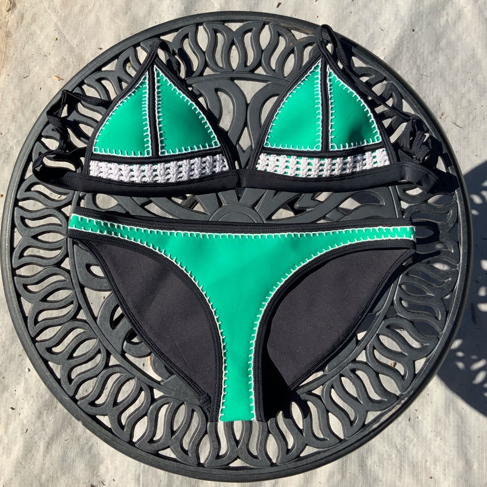 Triangl Green and White Crochet Bikini Set